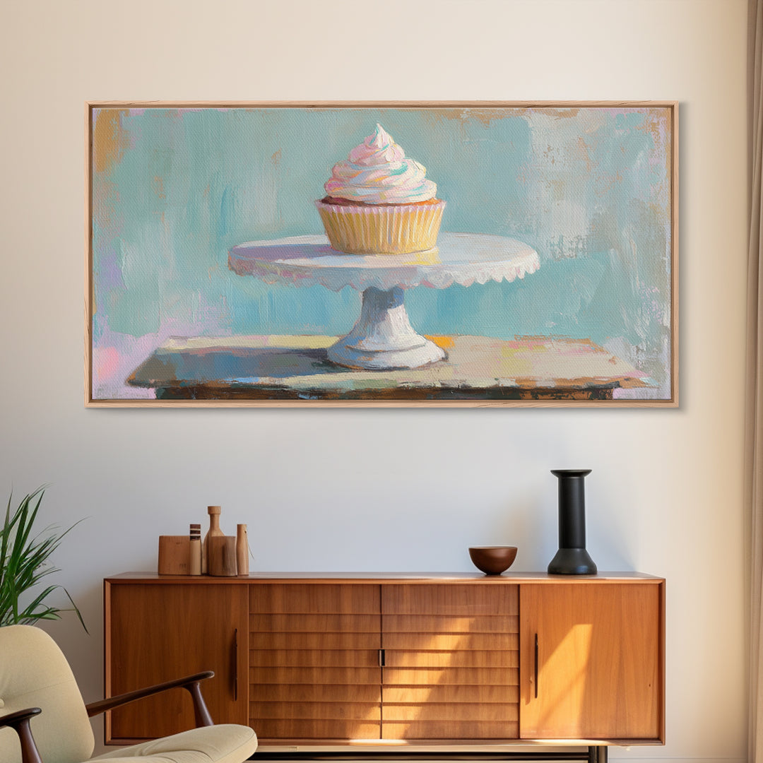 Pastel Cupcake On White Cake Stand Canvas Print, Cute Bakery Wall Art, Kitchen Decor, Dessert Art Print, Birthday Gift For Her