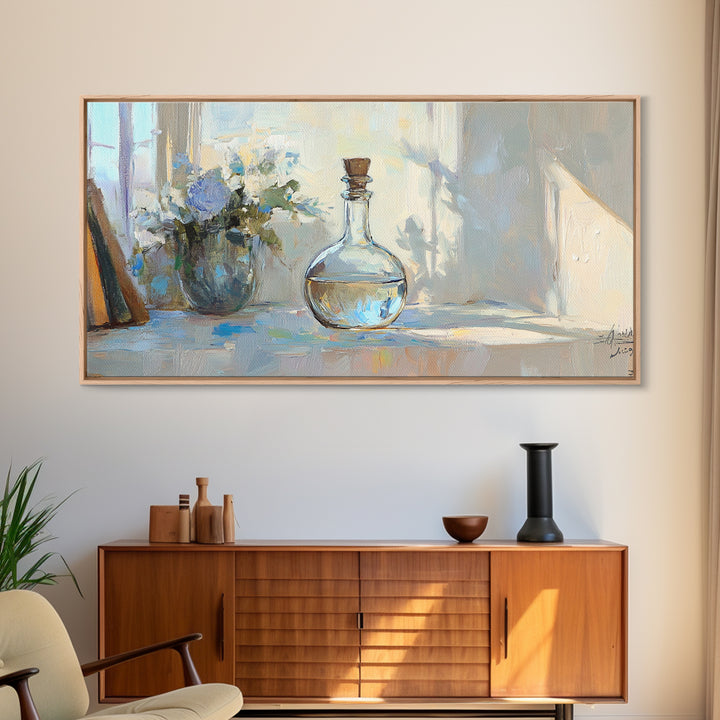 Sunlit Glass Decanter With Blue Flowers Framed Canvas Print, Impressionist Still Life, Neutral Home Decor, Dining Room Wall Art