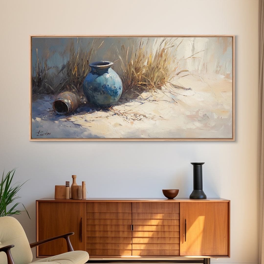 Blue Ceramic Vase In Sunlit Sand Wall Art, Coastal Still Life Canvas, Neutral Beach Decor, Rustic Home Decor, Housewarming Gift