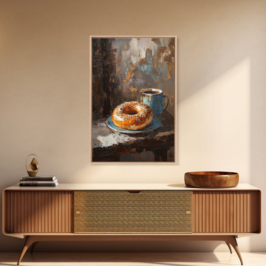 Rustic Coffee And Bagel Still Life Canvas Print, Cozy Kitchen Wall Art, Breakfast Nook Decor, Cafe Art Print Gift For Foodie