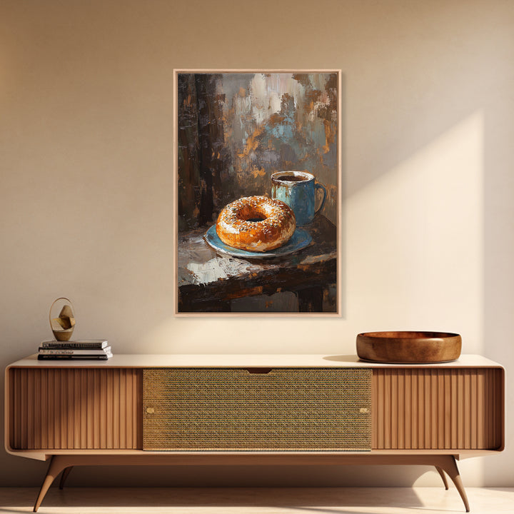 Rustic Coffee And Bagel Still Life Canvas Print, Cozy Kitchen Wall Art, Breakfast Nook Decor, Cafe Art Print Gift For Foodie