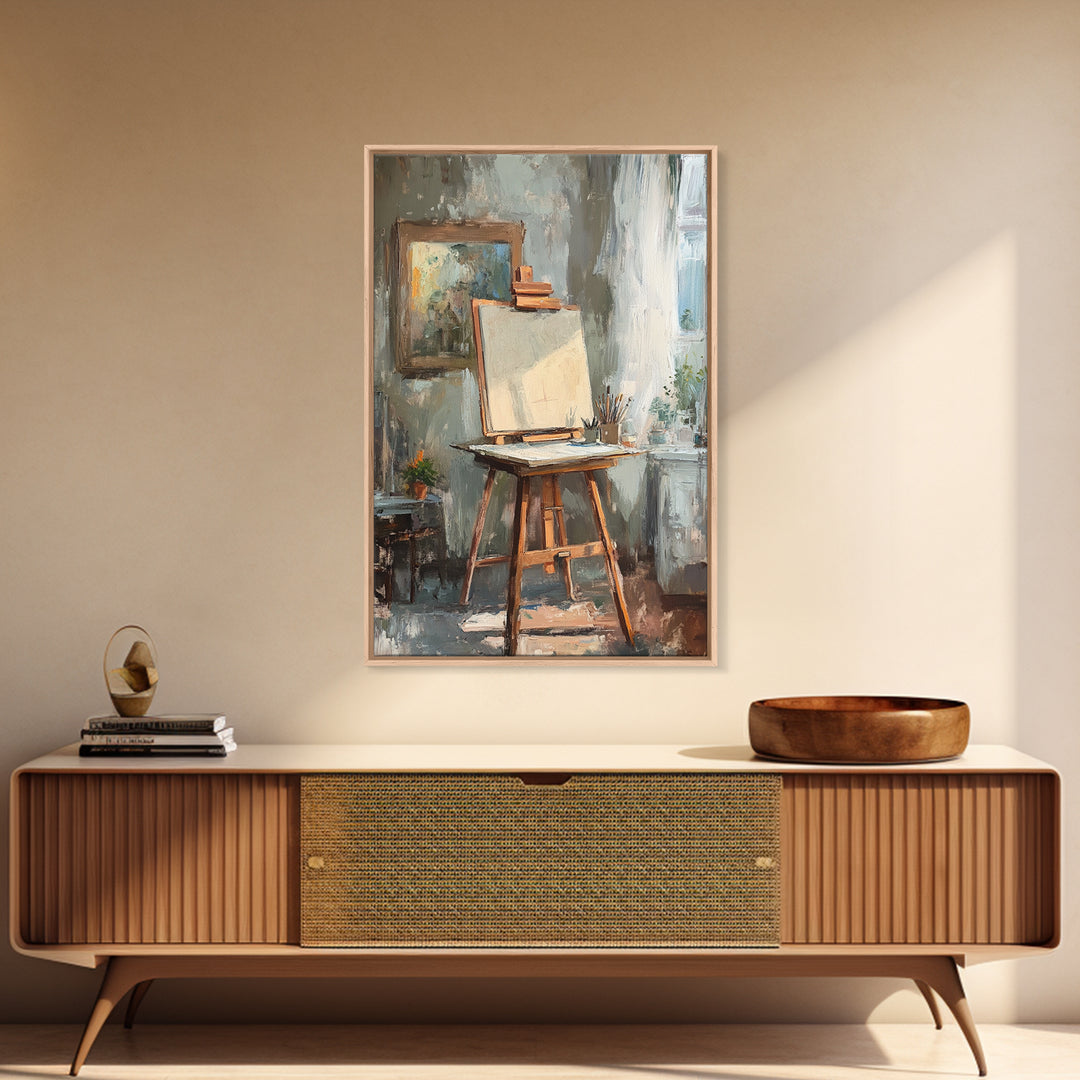 Sunlit Artist Studio Easel Framed Canvas Print, Office Wall Art, Creative Home Decor, Gift For Painter, Modern Wall Decor