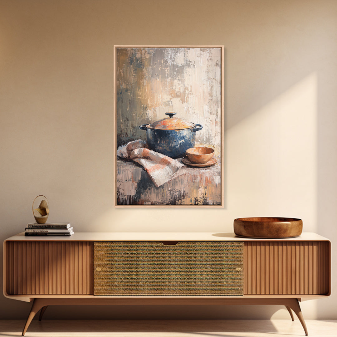 Blue Dutch Oven With Bread And Bowl Framed Canvas Print, Rustic Kitchen Wall Art, Farmhouse Decor, Cozy Still Life Painting