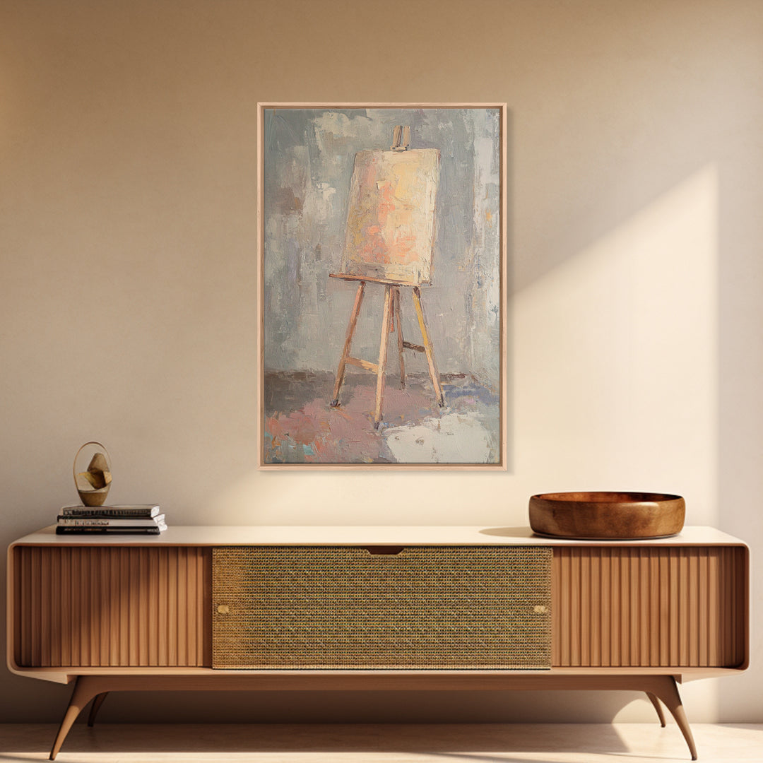 Empty Easel With Textured Blank Canvas Wall Art, Artist Studio Decor, Minimalist Neutral Art Print, Creative Office Gift