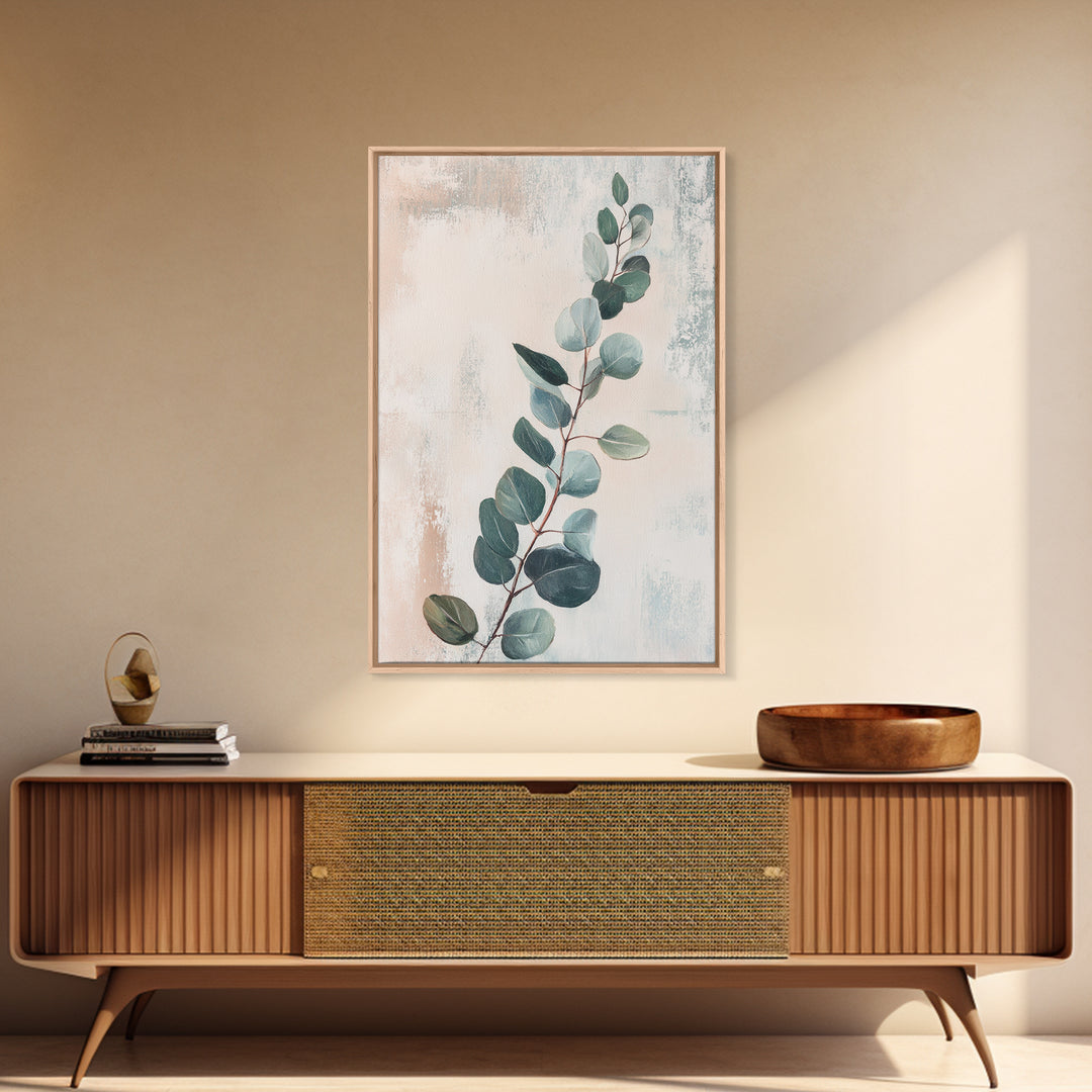 Soft Eucalyptus Branch Botanical Wall Art, Sage Green Minimalist Print, Neutral Home Decor, Japandi Nature Art For Bedroom