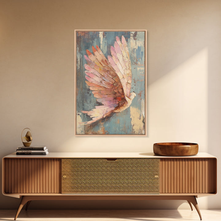 Pastel Dove In Flight With Textured Wings Wall Art, Peaceful Bird Painting, Spiritual Home Decor, Nursery Or Living Room Print