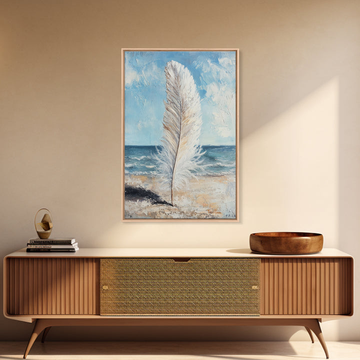 White Feather On Ocean Shore Canvas Print, Coastal Beach Wall Art, Serene Seascape Painting For Calm Bedroom And Beach House Decor