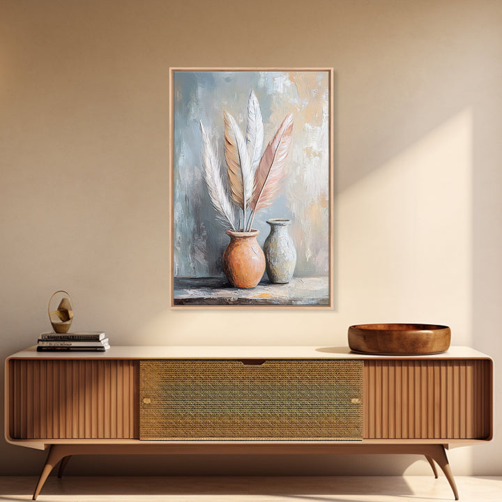 Soft Neutral Feathers In Ceramic Vases Framed Canvas Print, Boho Coastal Wall Art, Japandi Living Room Decor Gift For Bedroom