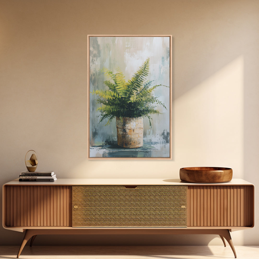 Green Fern In Rustic Pot Canvas Print, Botanical Wall Art, Neutral Plant Painting For Japandi Modern Home Decor Gift For Living Room