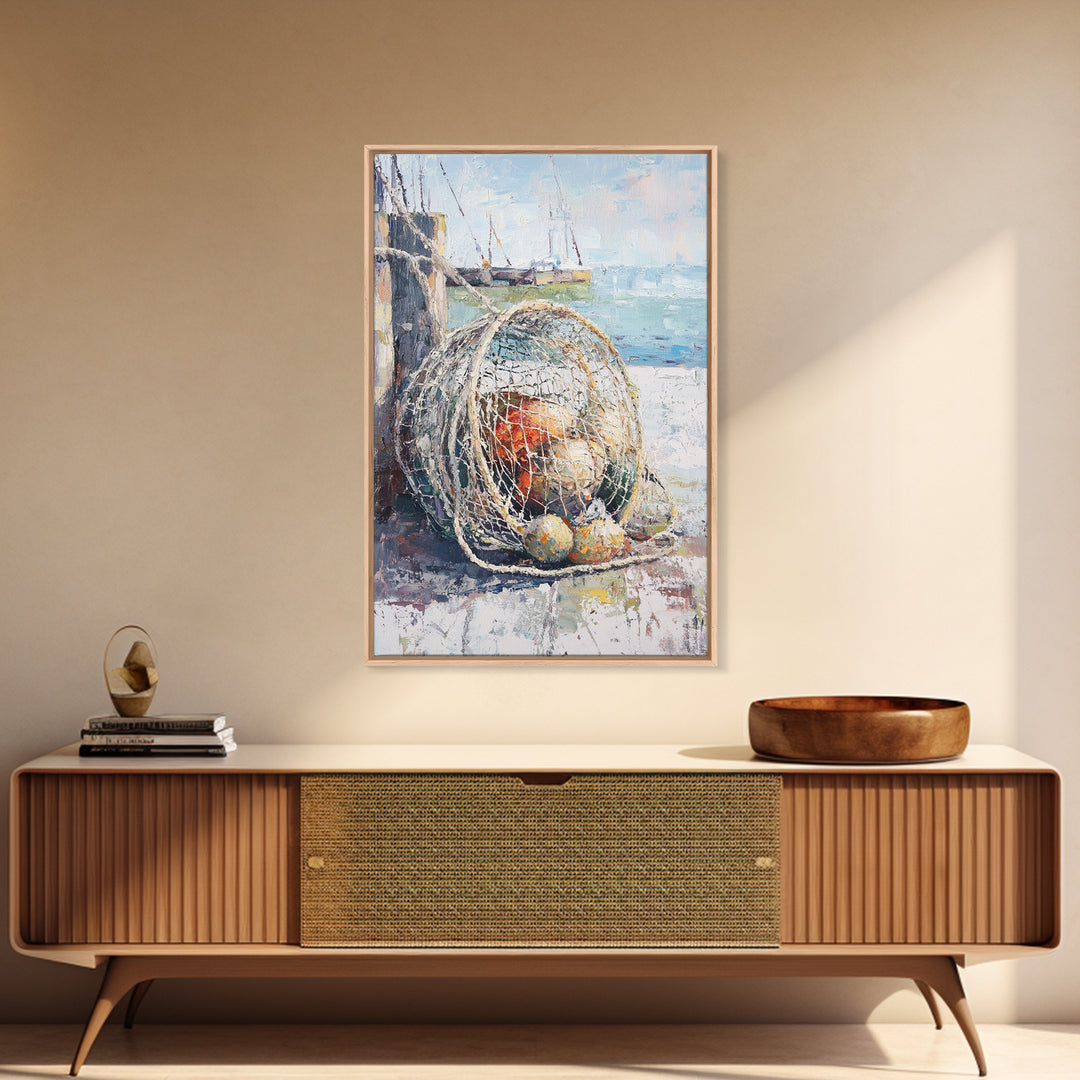 Fishing Net And Buoys By Harbor Wall Art, Coastal Wall Decor, Nautical Canvas Print, Beach House Decor, Ocean Art, Gift For Him