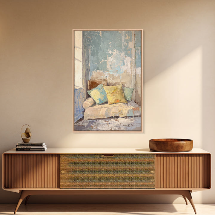 Sunlit Sofa With Pastel Pillows Wall Art, Cozy Bedroom Decor, Neutral Living Room Art, Apartment Decor, Housewarming Gift