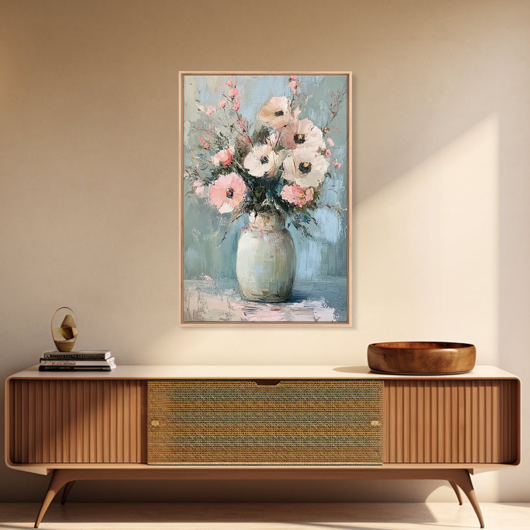 Soft Pink Poppies In Pale Ceramic Vase Wall Art, Textured Floral Canvas Print, Feminine Bedroom Decor Romantic Gift For Her