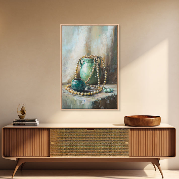 Turquoise Vases With Pearl Beads Still Life Wall Art, Elegant Framed Canvas Print For Bedroom Office Decor Gift For Her