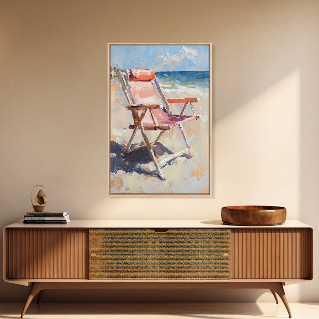 Pink Beach Chair Beside Blue Ocean Canvas Print, Coastal Wall Art For Beach House Decor, Summer Living Room Gift For Her