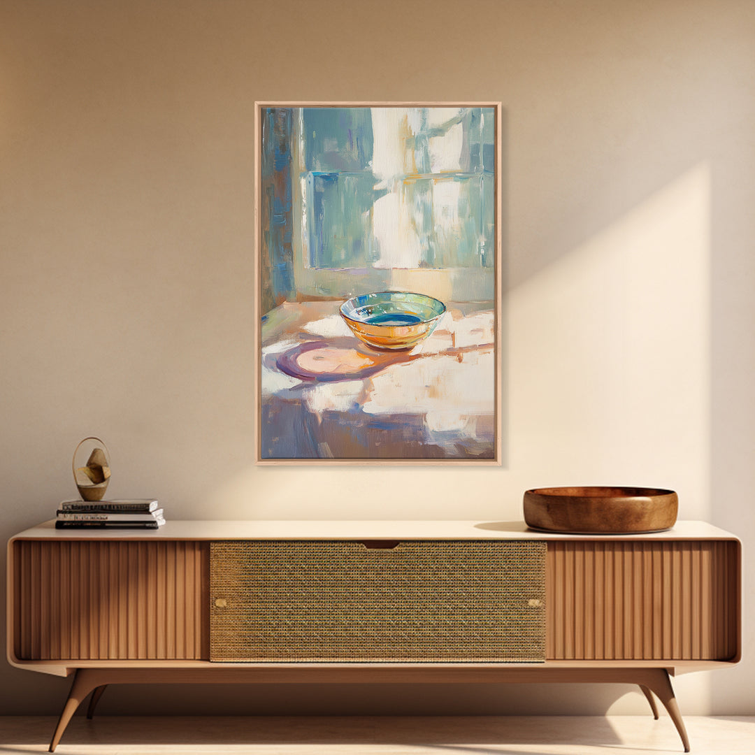 Sunlit Glass Bowl By Window Wall Art, Minimalist Still Life Print, Soft Blue Kitchen Decor, Modern Coastal Home Decor Gift