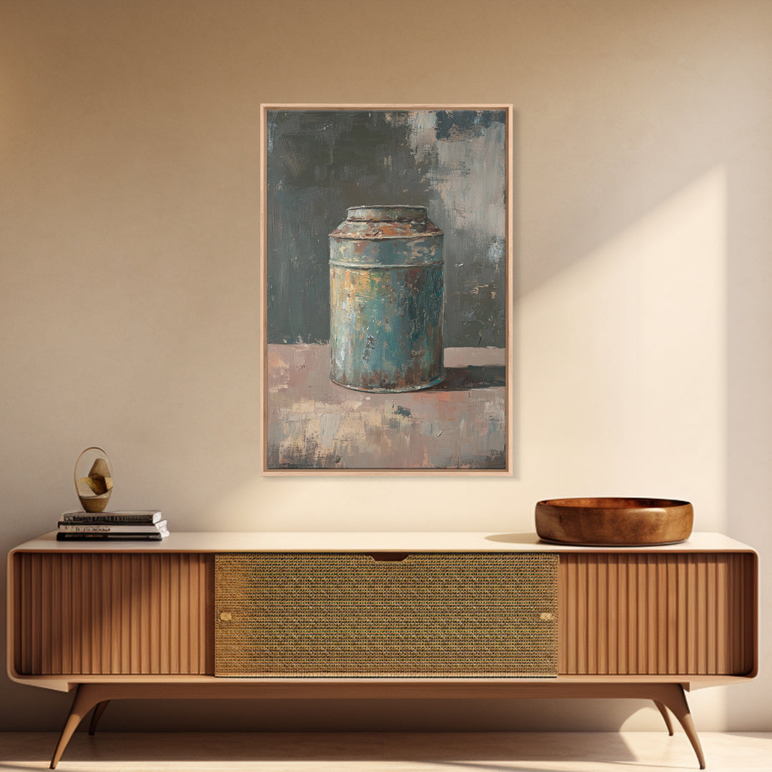 Rustic Blue Tin Can Still Life Canvas Print, Wabi Sabi Wall Art, Industrial Farmhouse Decor, Neutral Kitchen Print Home Decor