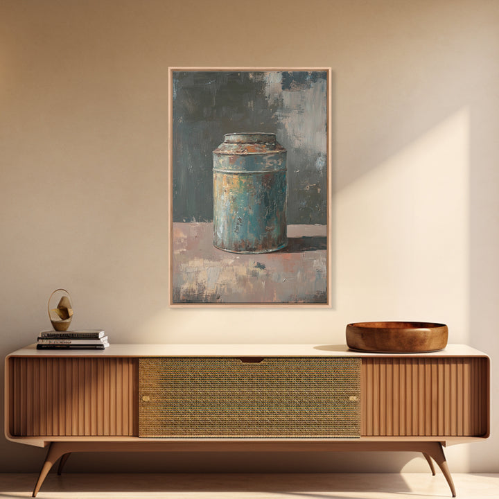Rustic Blue Tin Can Still Life Canvas Print, Wabi Sabi Wall Art, Industrial Farmhouse Decor, Neutral Kitchen Print Home Decor
