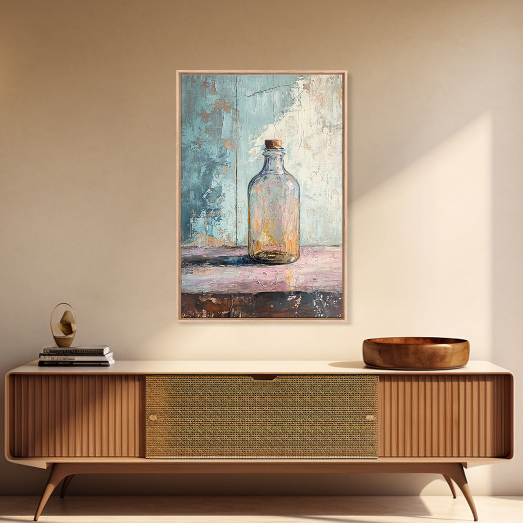 Iridescent Glass Bottle On Blue Plaster Wall Art, Minimalist Still Life Print, Wabi Sabi Kitchen Decor, Modern Home Gift