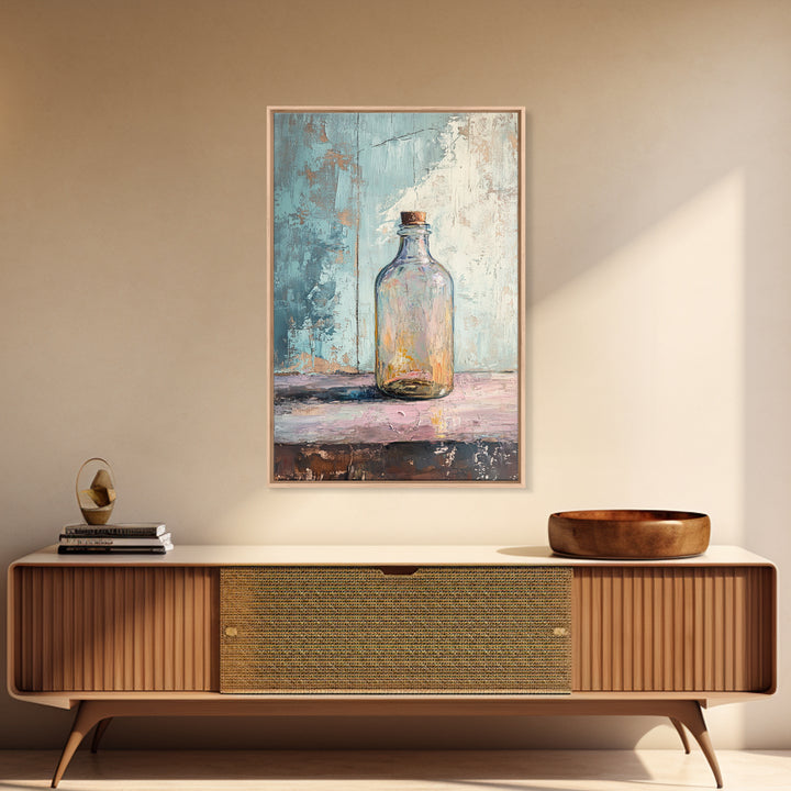 Iridescent Glass Bottle On Blue Plaster Wall Art, Minimalist Still Life Print, Wabi Sabi Kitchen Decor, Modern Home Gift