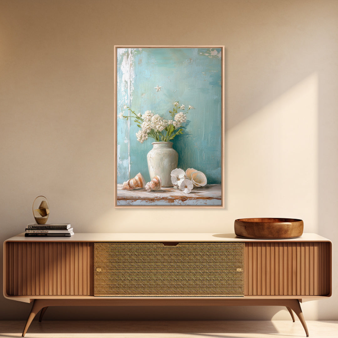 White Hydrangea Vase With Seashells Framed Canvas Print, Coastal Wall Art, Beach House Decor, Soft Neutral Home Decor, Bathroom Wall Decor