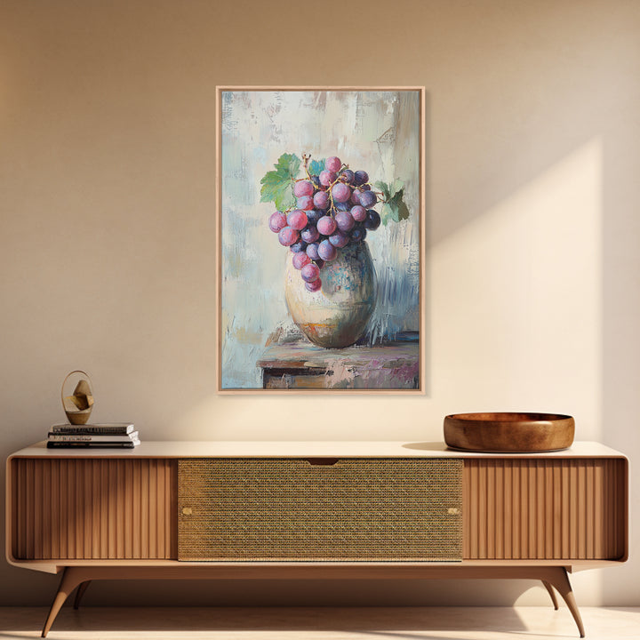 Purple Grapes In Rustic Ceramic Vase Wall Art, Vineyard Still Life Oil Painting, Wine Kitchen Decor, Farmhouse Canvas Print