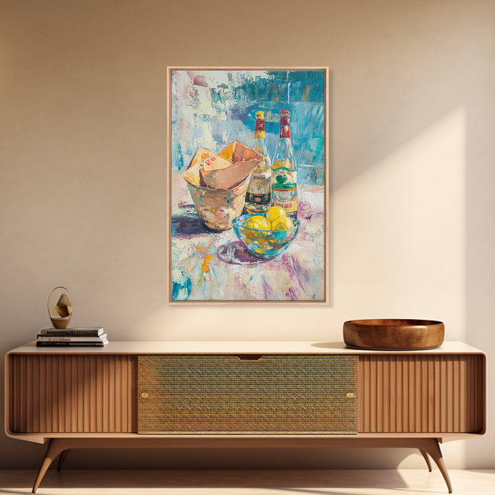 Bottles Lemons And Ice Bucket Canvas Print, Colorful Bar Cart Wall Art, Cocktail Kitchen Decor, Eclectic Dining Room Print