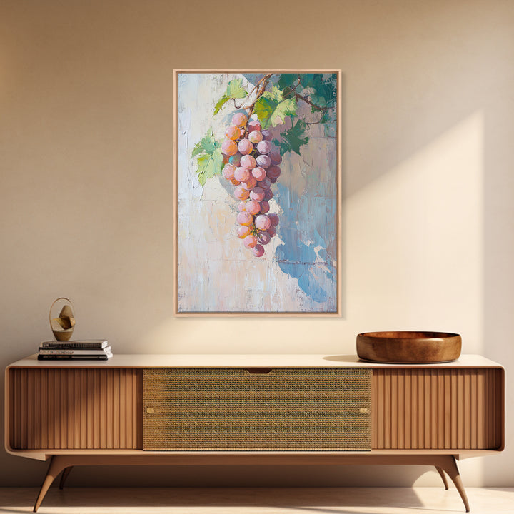 Blush Pink Grapes Hanging On Vine Wall Art, Vineyard Canvas Print, Wine Country Kitchen Decor, Soft Coastal Farmhouse Art