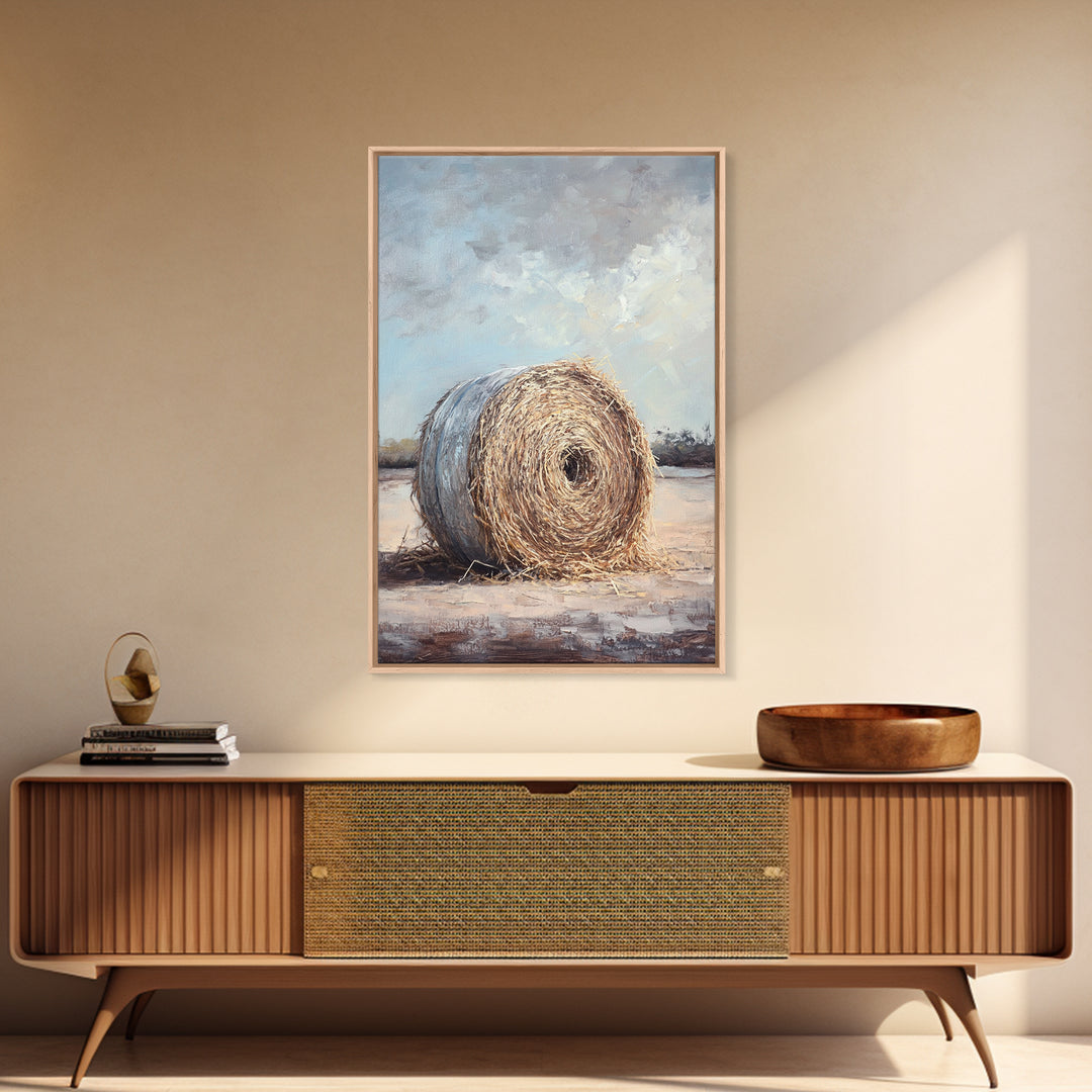 Round Hay Bale Field Wall Art, Rustic Farmhouse Landscape Painting, Country Home Decor, Neutral Large Canvas Print Gift For Her