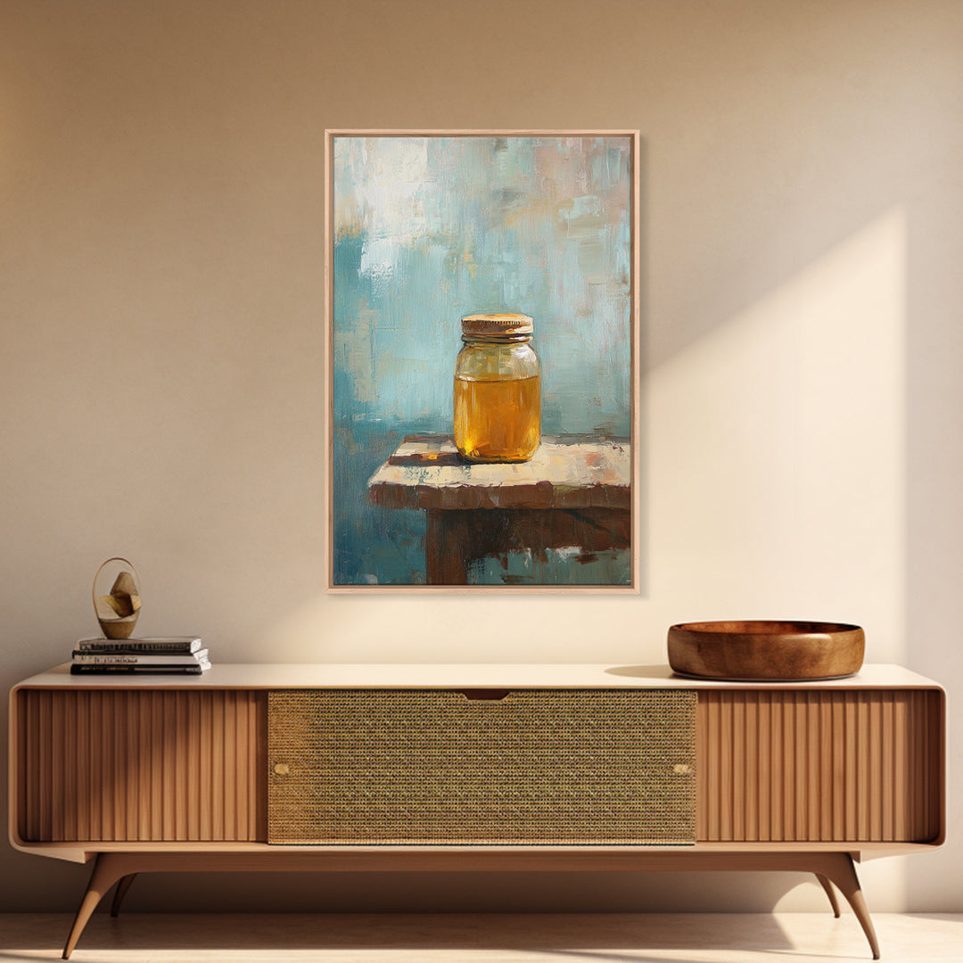 Golden Honey Jar Canvas Print, Rustic Kitchen Wall Art, Farmhouse Still Life Decor, Bee Lover Gift, Modern Home Decor Art