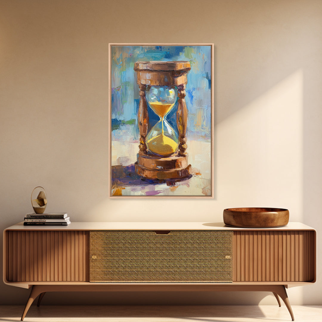 Wooden Hourglass With Golden Sand Framed Canvas Print, Modern Wall Art, Rustic Home Decor, Office Decor, Housewarming Gift