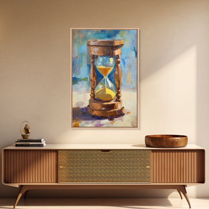 Wooden Hourglass With Golden Sand Framed Canvas Print, Modern Wall Art, Rustic Home Decor, Office Decor, Housewarming Gift