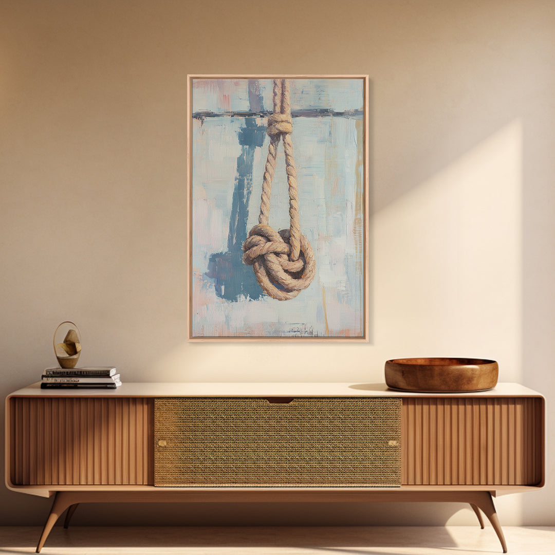 Nautical Rope Knot On Weathered Blue Wall Art, Coastal Home Decor, Sailboat Inspired Maritime Print, Beach House Gift For Him