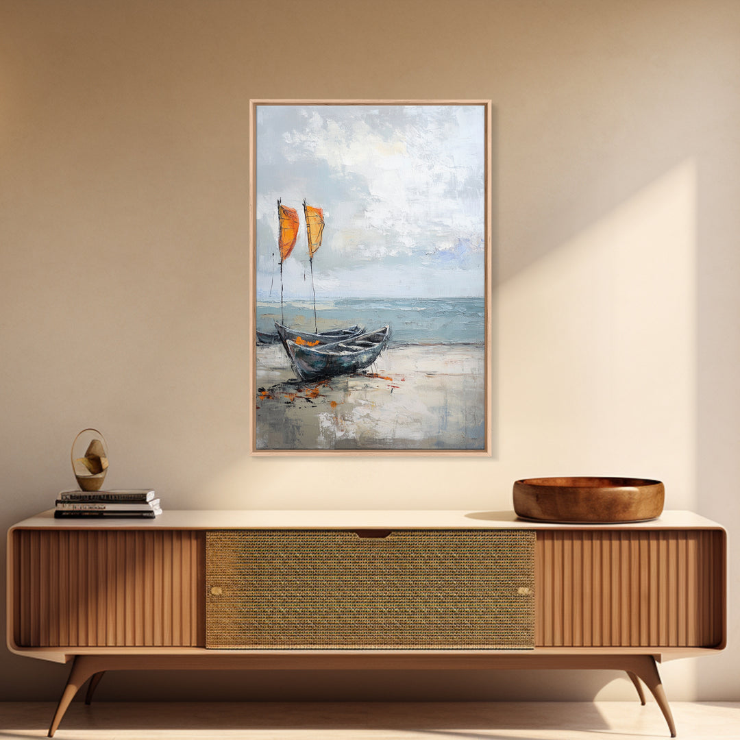 Orange Sailboats On Misty Beach Framed Canvas Print, Coastal Wall Art, Nautical Decor, Ocean Seascape Beach House Gift For Him