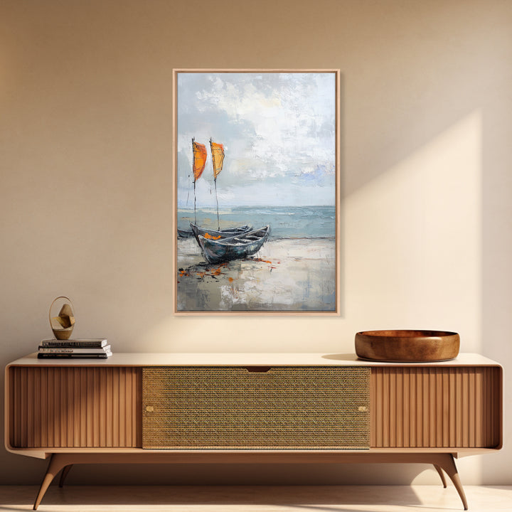 Orange Sailboats On Misty Beach Framed Canvas Print, Coastal Wall Art, Nautical Decor, Ocean Seascape Beach House Gift For Him