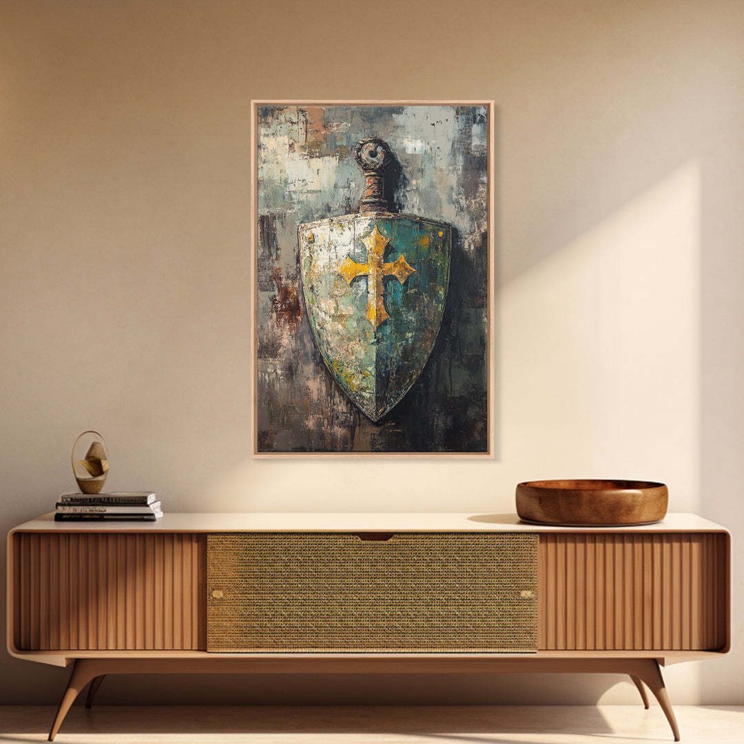 Medieval Shield And Sword Wall Art, Gothic Framed Canvas Print, Fantasy Decor, Knight Armor Gift For Him Home Office Man Cave Decor