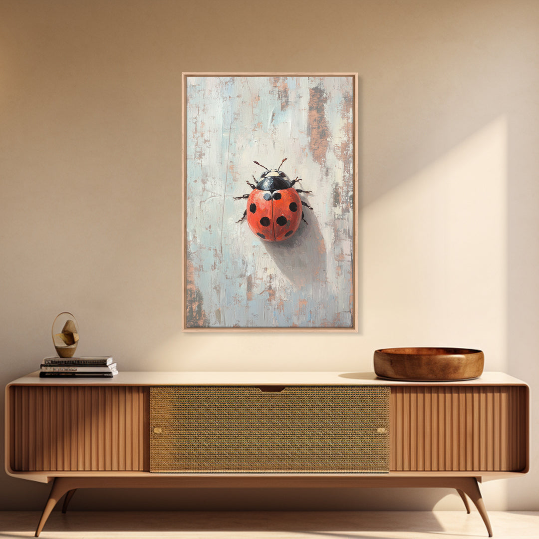 Bright Red Ladybug On Textured Wood Wall Art, Whimsical Animal Art Print, Nature Inspired Decor, Cute Nursery Gift, Garden Lover Decor