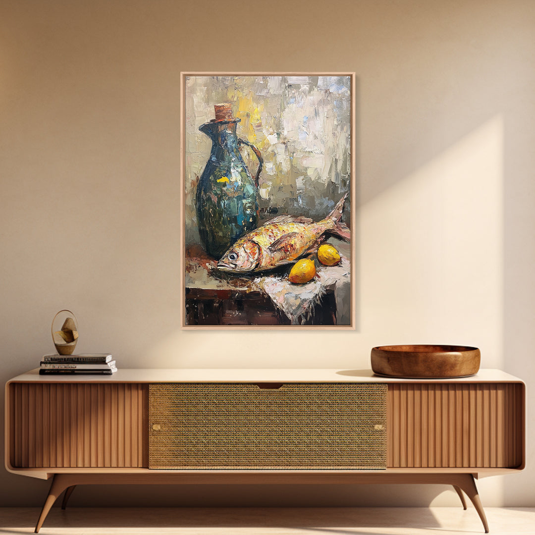 Mediterranean Fish Still Life With Lemons Framed Canvas Print, Coastal Kitchen Wall Art, Seafood Decor, Foodie Gift For Home Chefs