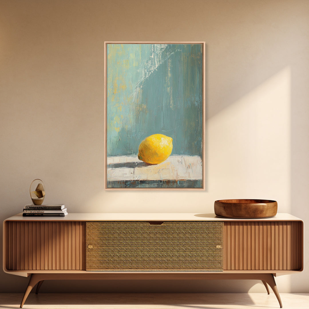 Single Yellow Lemon Still Life Wall Art, Minimalist Kitchen Decor, Neutral Canvas Wall Art, Rustic Farmhouse Art Print Gift