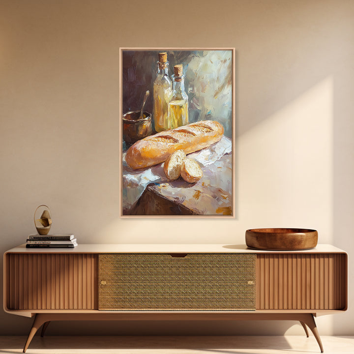 Rustic Baguette And Olive Oil Still Life Canvas Print, French Kitchen Wall Art, Bakery Decor, Food Lover Housewarming Gift