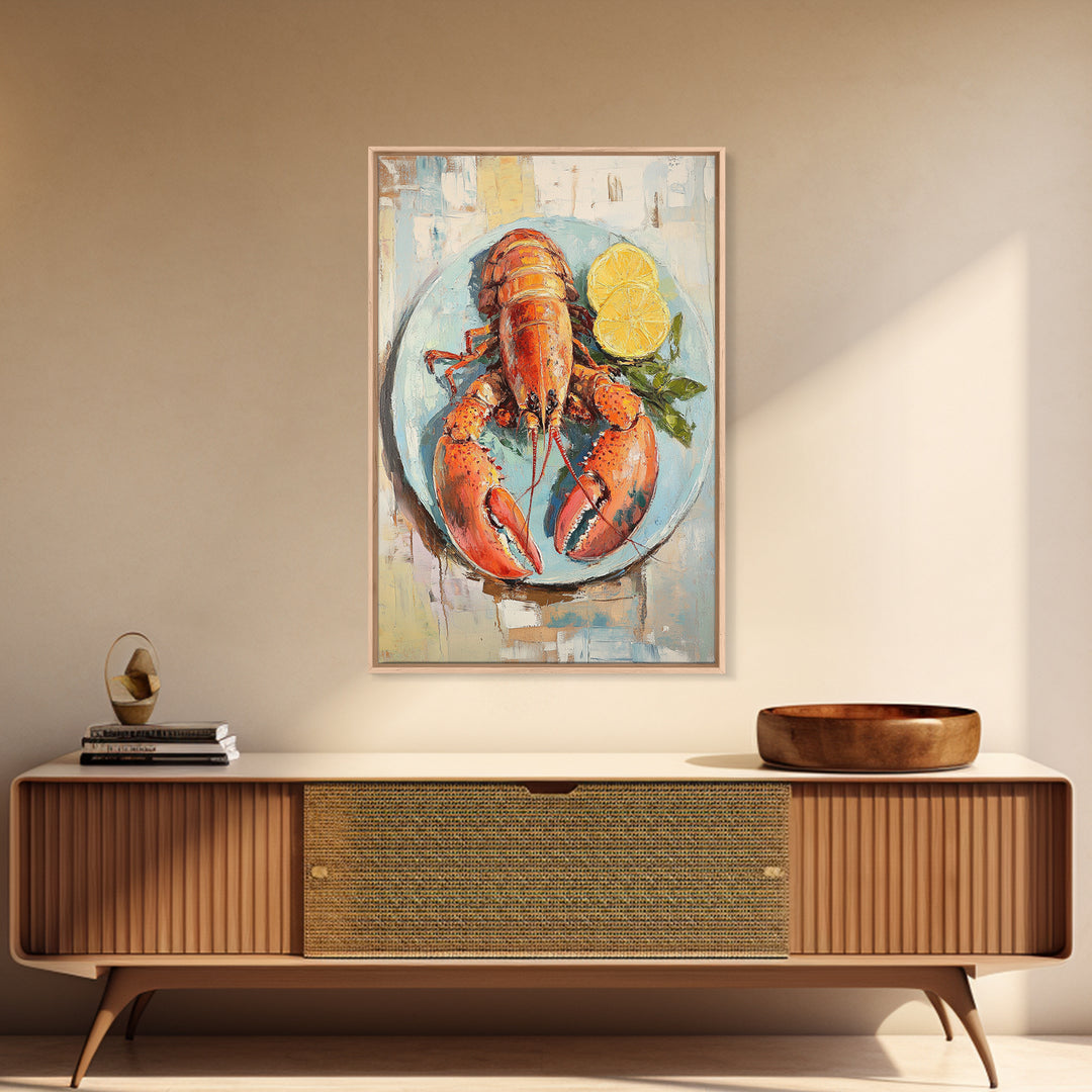 Red Lobster With Lemon Seafood Wall Art, Coastal Kitchen Decor, Nautical Canvas Print, Beach House Decor Gift For Food Lover