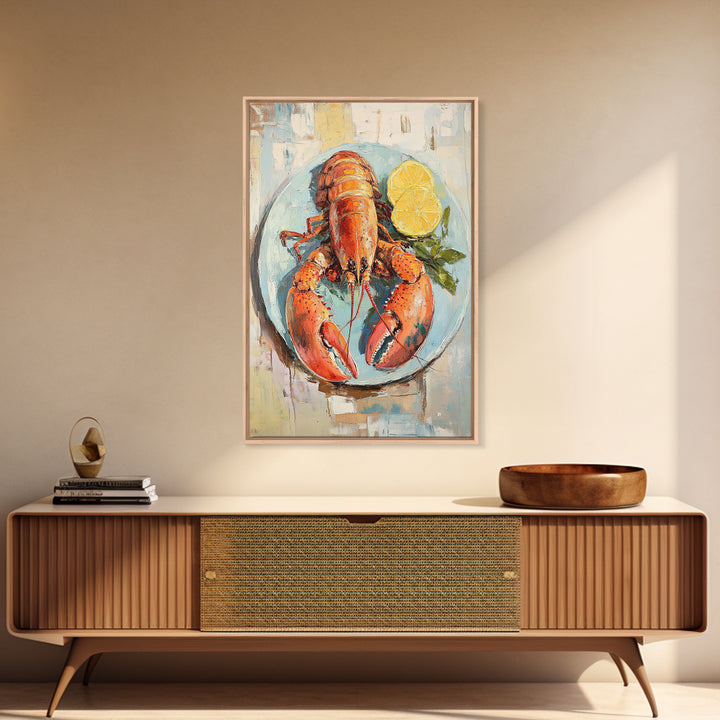 Red Lobster With Lemon Seafood Wall Art, Coastal Kitchen Decor, Nautical Canvas Print, Beach House Decor Gift For Food Lover