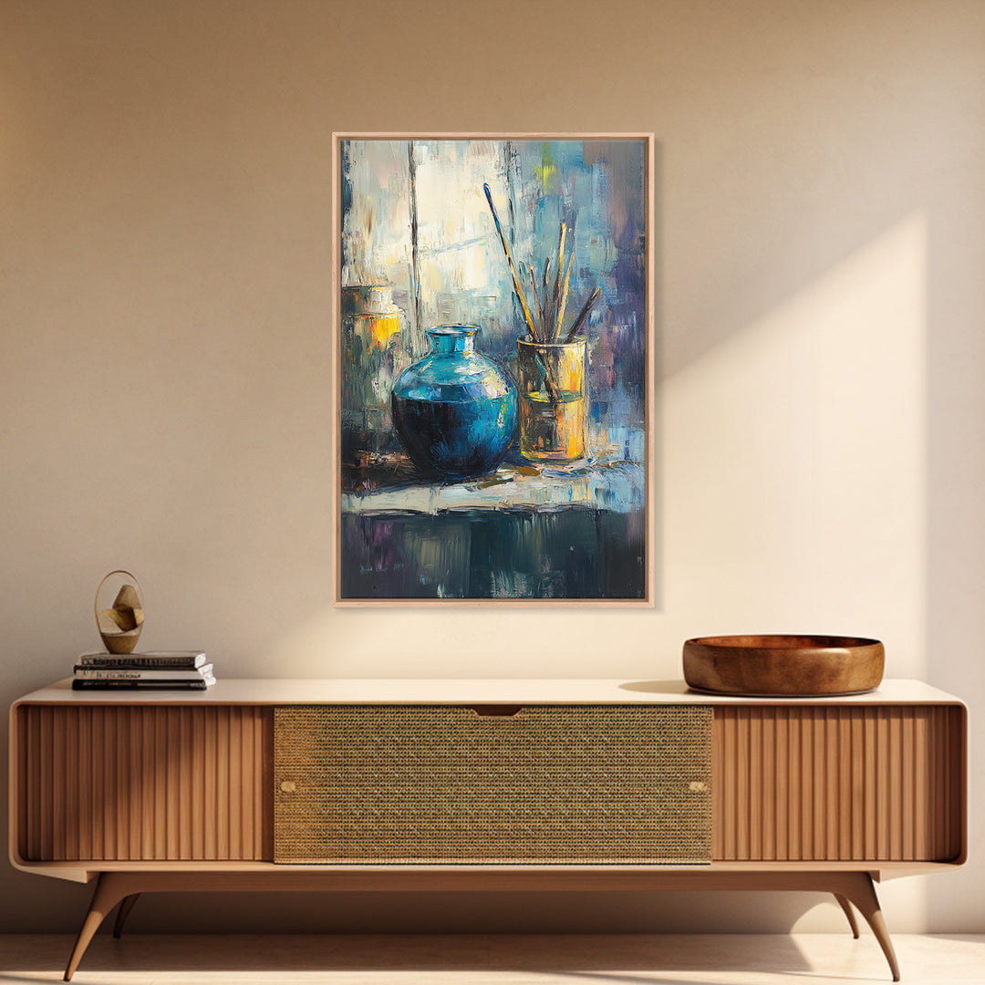 Blue Ceramic Vase With Artist Brushes Wall Art, Textured Still Life Oil Painting, Modern Home Decor, Living Room Art Print