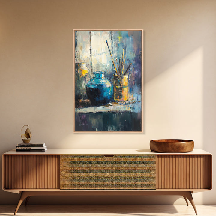 Blue Ceramic Vase With Artist Brushes Wall Art, Textured Still Life Oil Painting, Modern Home Decor, Living Room Art Print
