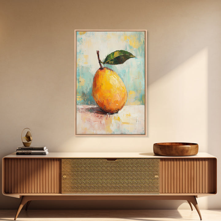 Golden Pear With Green Leaf Wall Art, Textured Fruit Still Life Oil Painting, Kitchen Wall Art, Farmhouse Home Decor, Dining Room Print