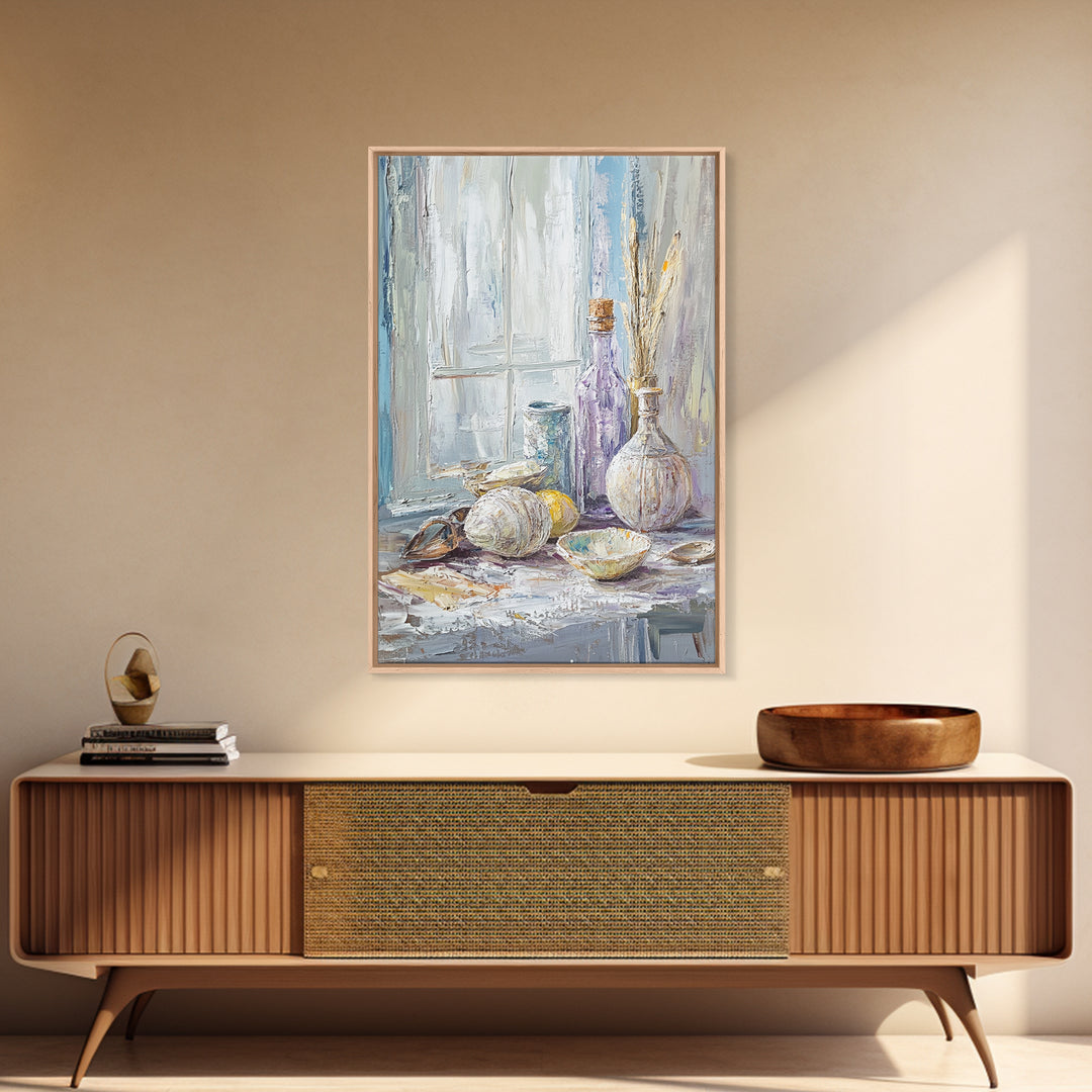 Seashells And Purple Bottle By Window Wall Art, Coastal Still Life Oil Painting, Beach House Decor, Neutral Wall Decor, Bathroom Art