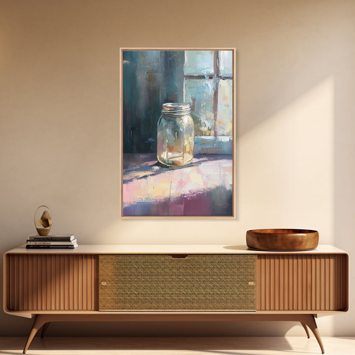 Sunlit Mason Jar On Windowsill Canvas Print, Minimalist Still Life Oil Painting, Rustic Kitchen Decor, Farmhouse Wall Art