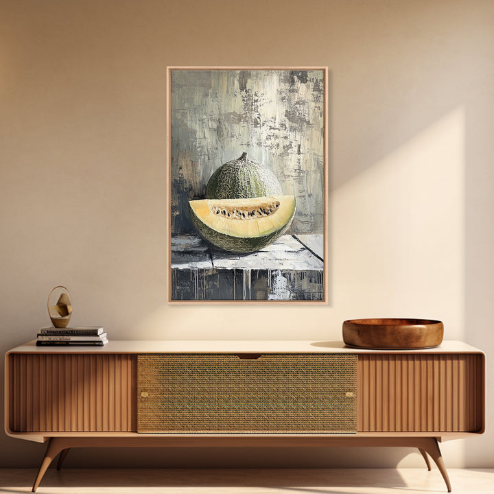 Cantaloupe Melon Still Life Wall Art, Rustic Kitchen Decor, Fruit Painting Print, Farmhouse Dining Room Art For Home Decor