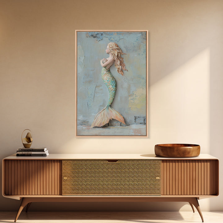 Textured Mermaid Figure Wall Art, Coastal Fantasy Decor, Nautical Canvas Print, Whimsical Ocean Art, Beach House Decor Gift