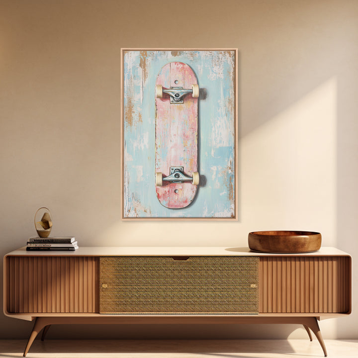 Pastel Pink Skateboard On Distressed Blue Wall Art, Retro Sport Decor, Skater Gift, Trendy Canvas Print For Kids Room Decor