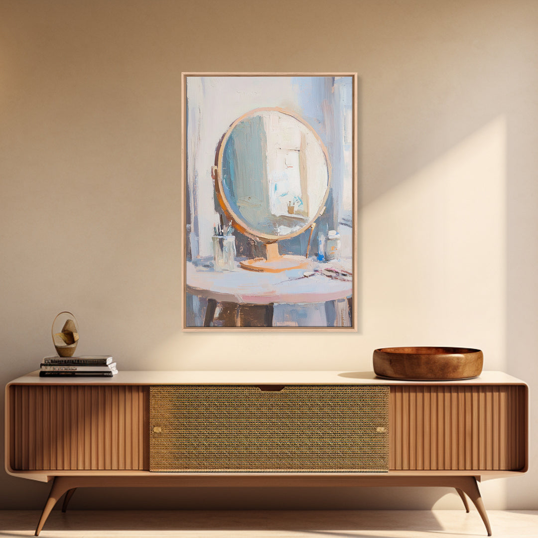 Soft Sunlit Vanity Mirror Still Life Wall Art, Feminine Bedroom Decor, Beauty Room Art, Neutral Framed Canvas Print For Modern Home Decor